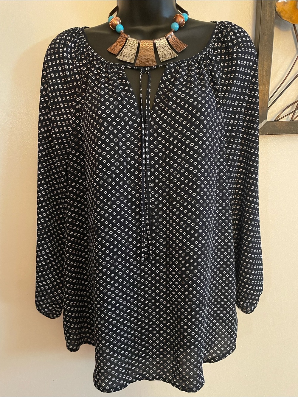 LOFT Navy Blue Peasant With 
Tiny Geometric Print - Excellent Condition